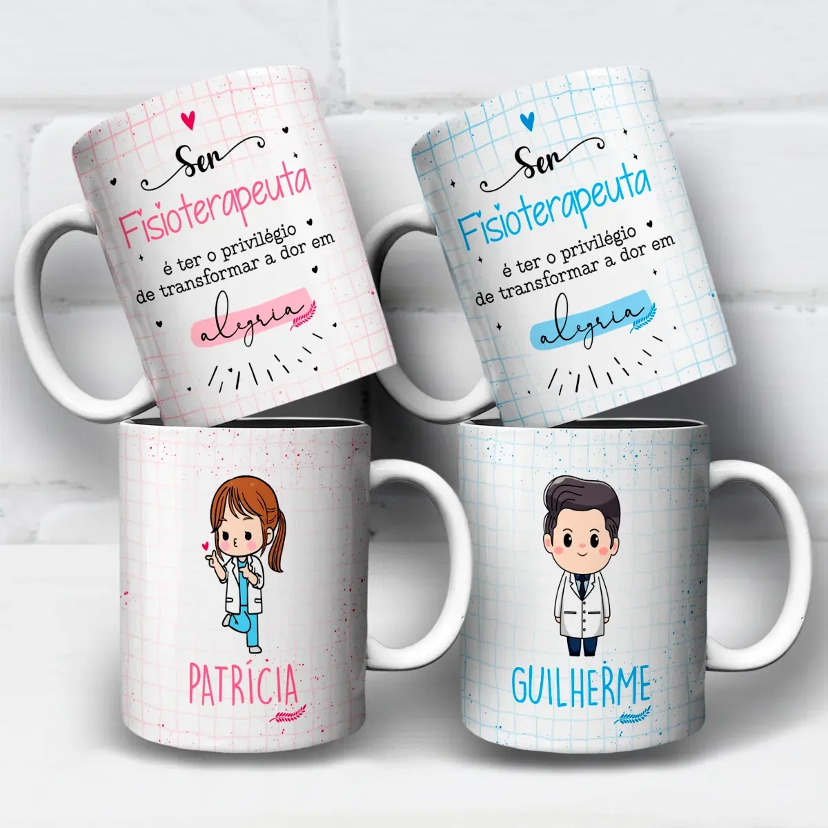 arte para caneca fisioterapeuta fisioterapia em duas versões fofinha masculina e feminina com frase motivacional, fundo suave decorativo e espaço para nome