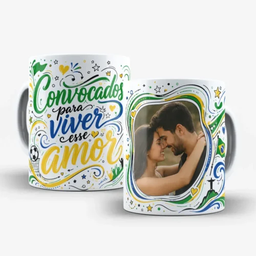 arte para caneca namorados copa do mundo brasil com frase Convocados para viver esse amor e espaço para foto do casal