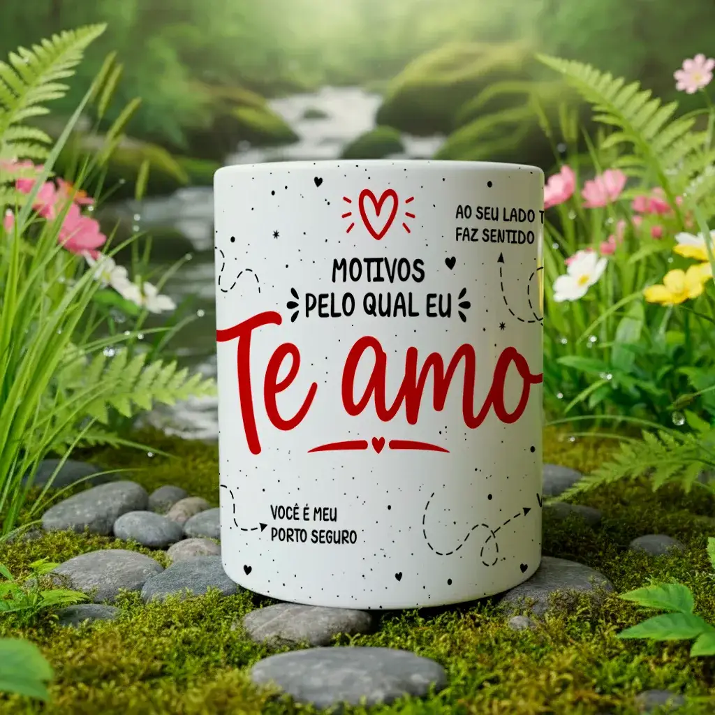 arte para caneca namorados com foto motivos pelo qual eu te amo, frase central, corações e espaço para duas fotos e frases dos 4 motivos editáveis