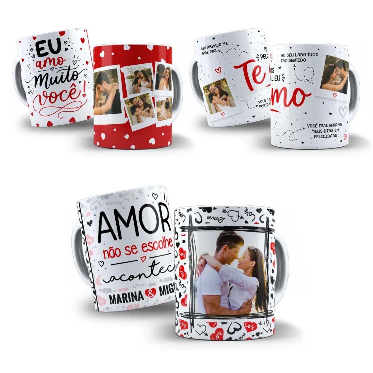3 arte para caneca dia dos namorados com foto: estampas românticas com frases, corações e espaço para fotos do casal