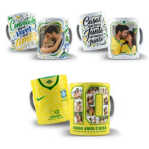 3 arte para caneca namorados com foto casal copa do mundo com frases românticas e elementos verde e amarelo da seleção brasileira