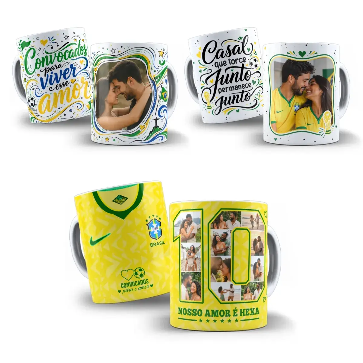 3 arte para caneca namorados com foto casal copa do mundo com frases românticas e elementos verde e amarelo da seleção brasileira