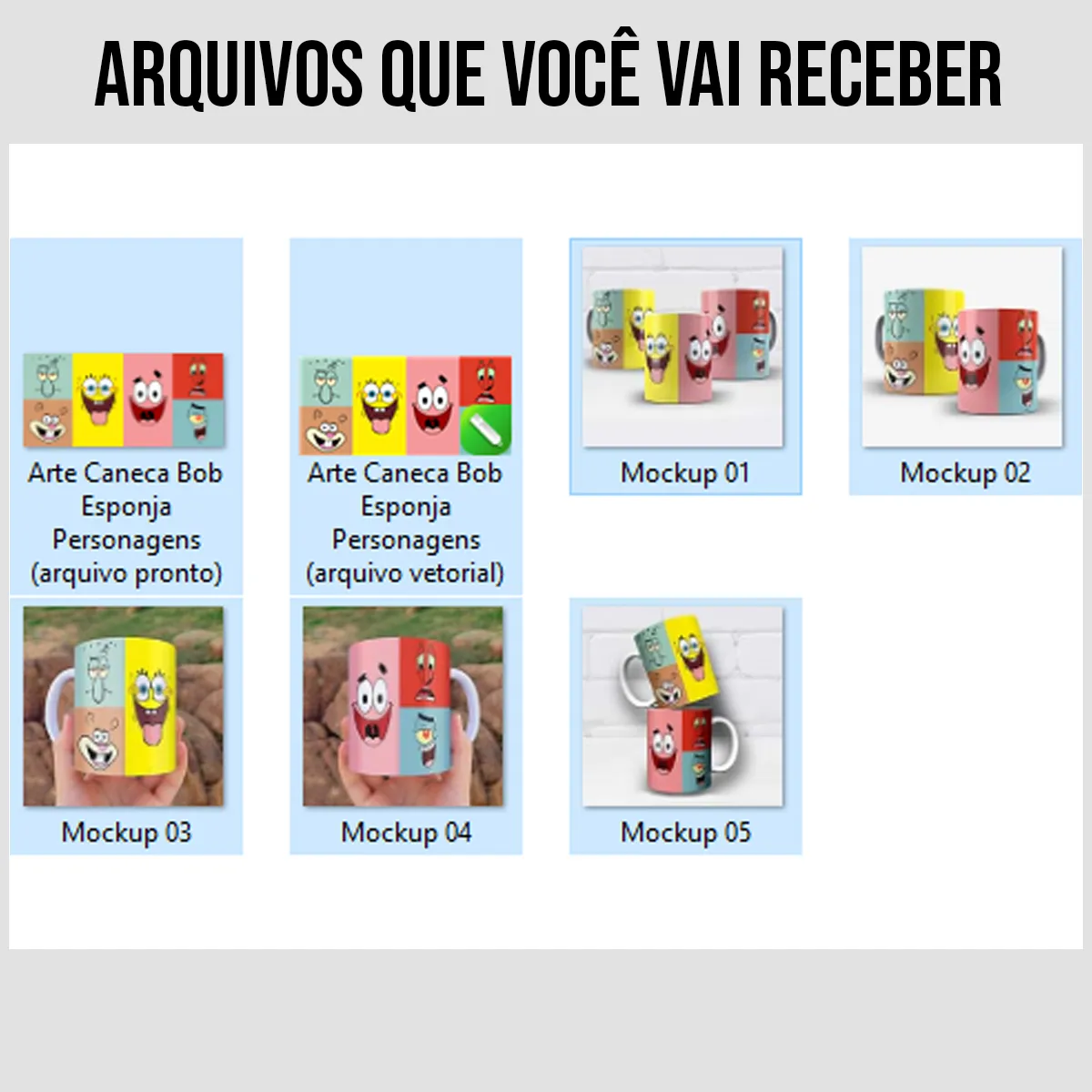 arquivos da arte para caneca bob esponja e personagens com rostos expressivos em blocos coloridos em estilo vibrante e bem-humorado