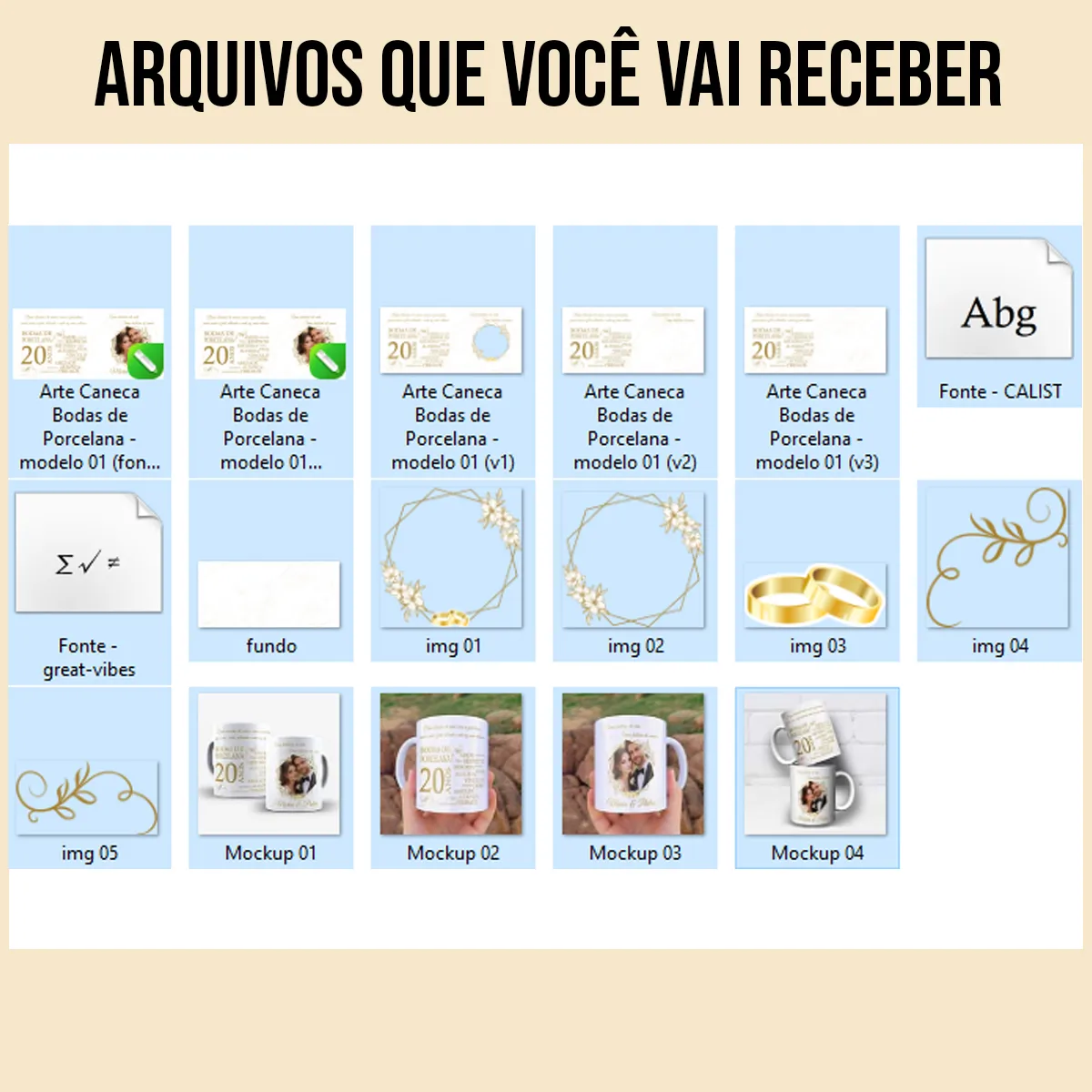 arquivos da arte para caneca bodas de porcelana 20 anos de casados com detalhes dourados, frases comemorativas e espaço para foto e nomes