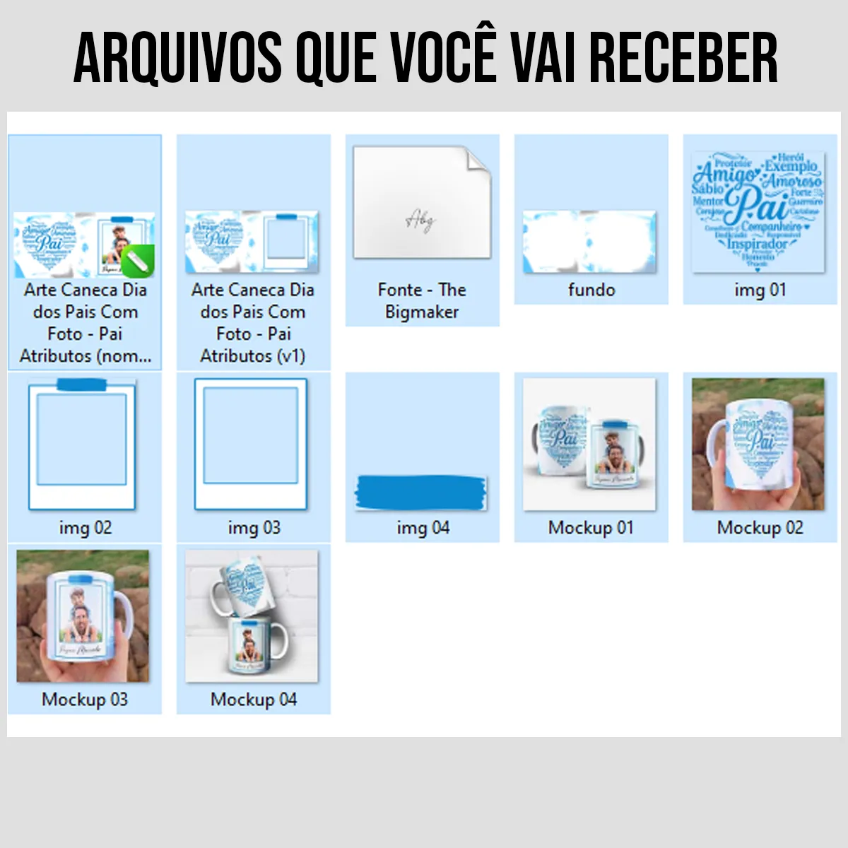arquivos da arte para caneca dia dos pais com foto pai atributos em tons de azul, palavra Pai ao centro cercada por qualidades em formato de coração e espaço para nome e foto