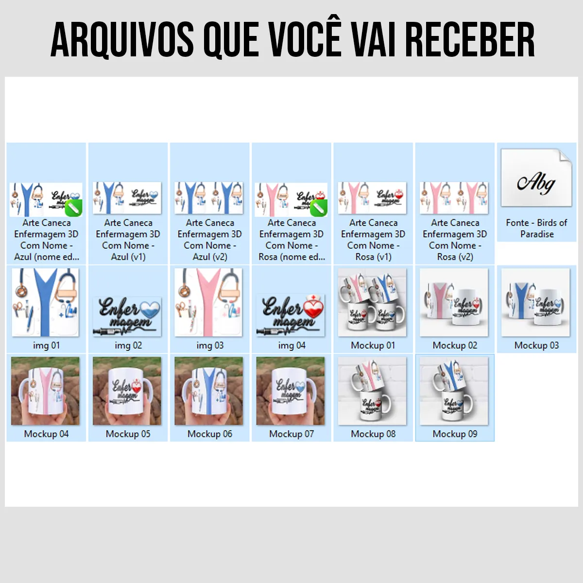 arquivos da arte para caneca enfermagem jaleco 3D com palavra Enfermagem em 3D, espaço para personalização com nome, coração estilizado e acessórios da profissão, versões rosa e azul