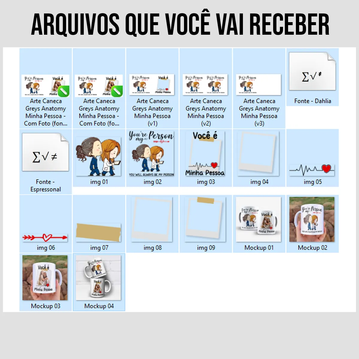 arquivos da arte para caneca greys anatomy minha pessoa com foto, frase you're my person, duas personagens e moldura para personalização com foto