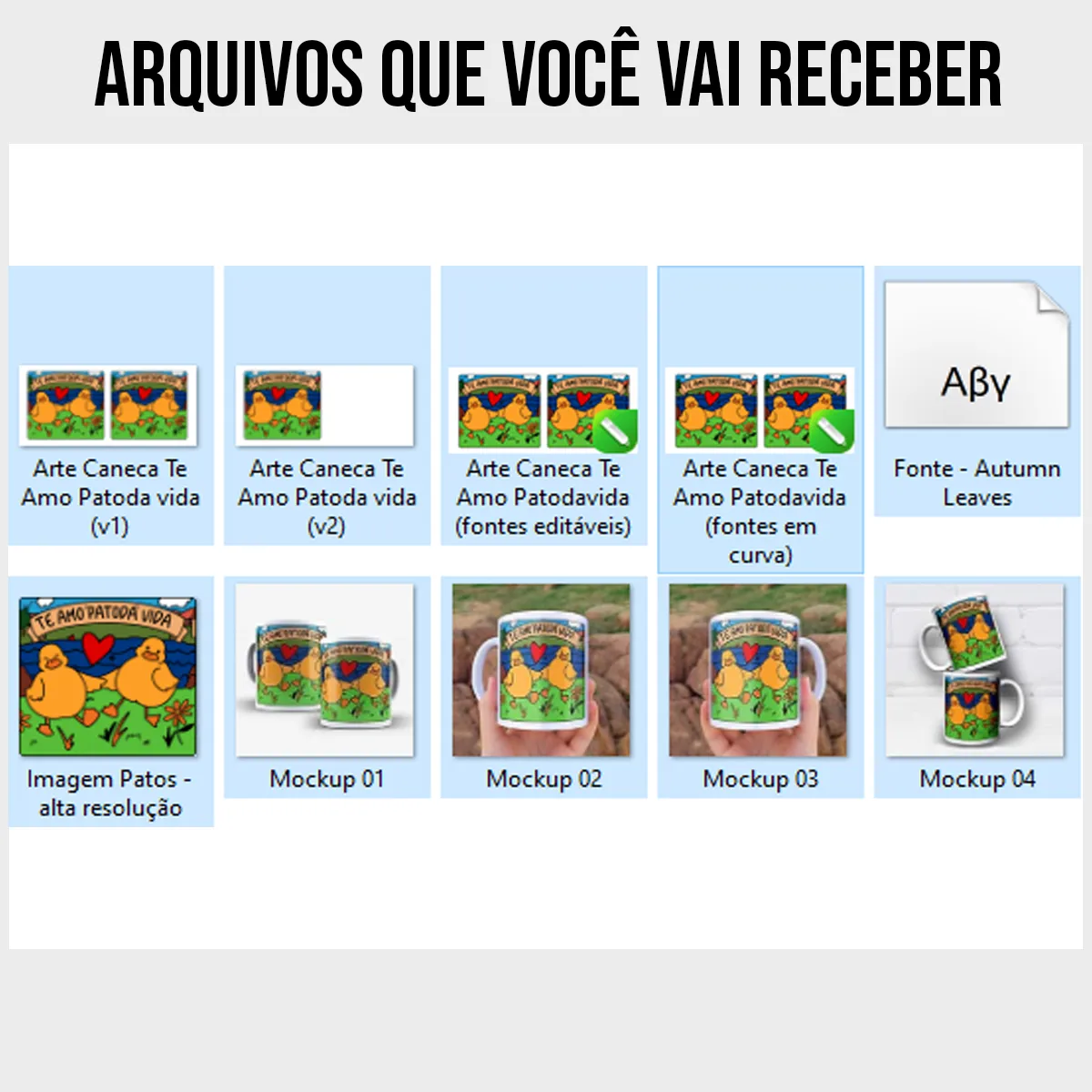 arquivos da arte para caneca te amo patoda vida com dois patinhos à beira de lago, coração vermelho e cenário com flores, céu e nuvens
