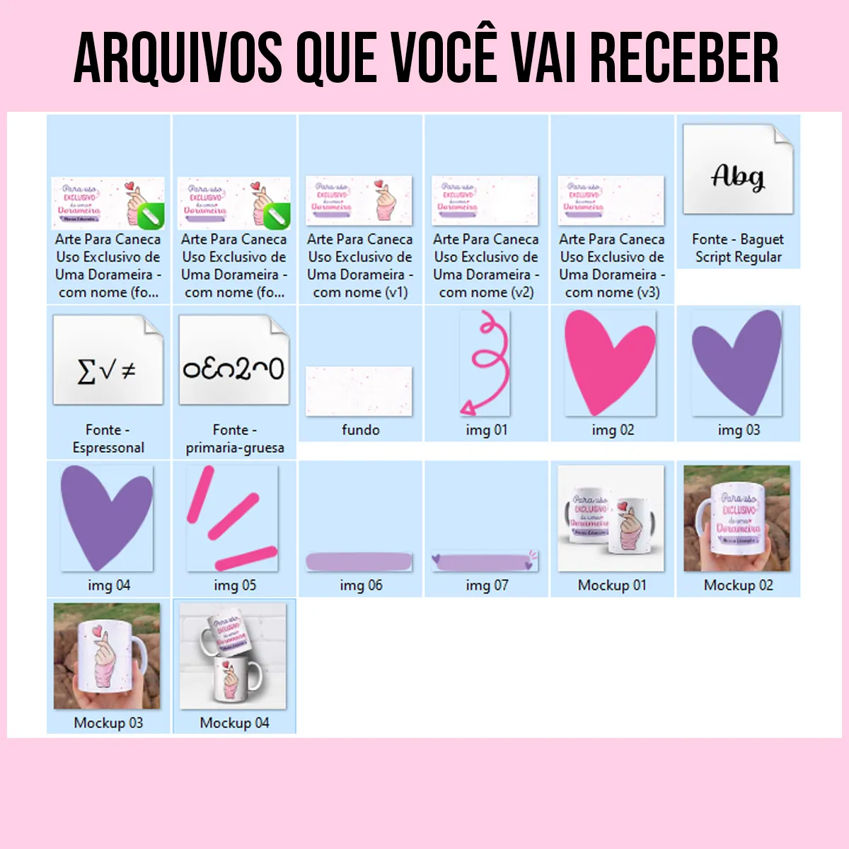 arquivos da arte para caneca uso exclusivo de uma dorameira com nome, frase em lilás e rosa, corações, gesto de coração e espaço para personalização com nome