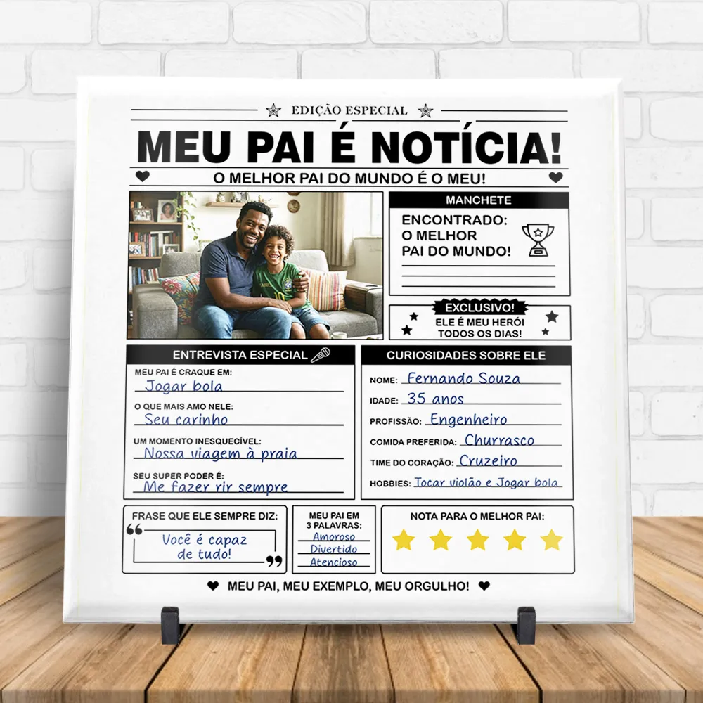 arte para azulejo dia dos pais com foto meu pai é notícia em layout de jornal com manchete, entrevista e curiosidades personalizáveis
