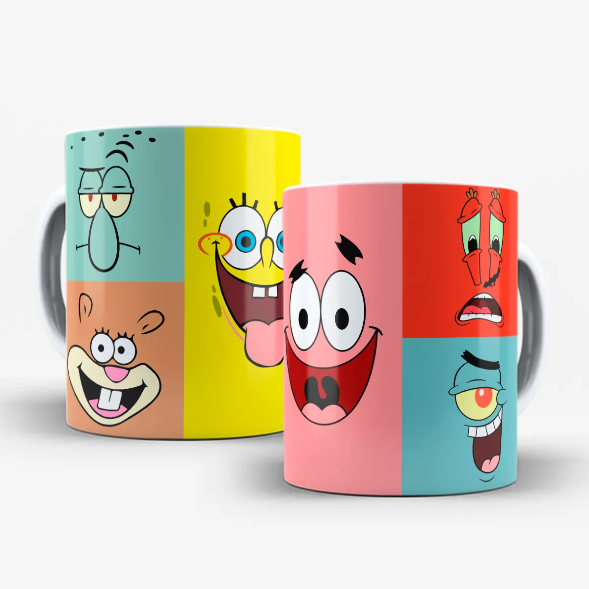 arte para caneca bob esponja e personagens com rostos expressivos em blocos coloridos em estilo vibrante e bem-humorado
