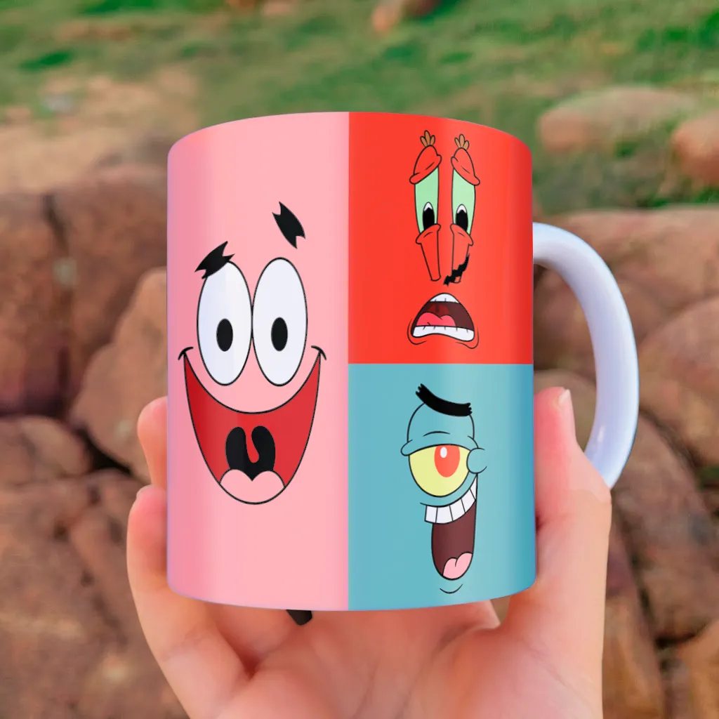 arte para caneca bob esponja e personagens com rostos expressivos em blocos coloridos em estilo vibrante e bem-humorado