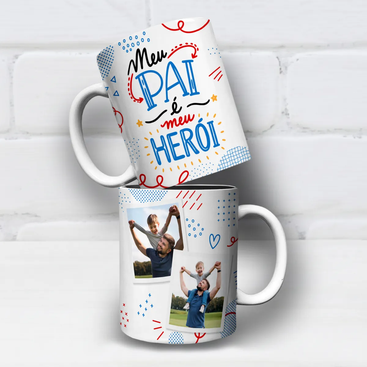 arte para caneca dia dos pais com foto meu pai é meu herói, frase "Meu Pai é Meu Herói" e duas molduras para personalização com fotos