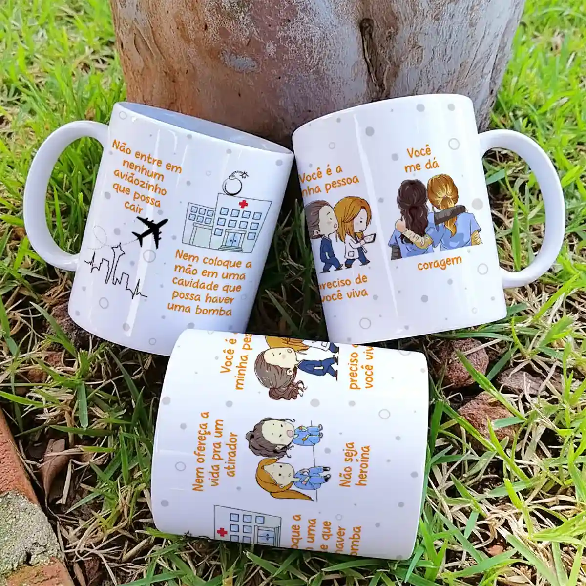 Arte para caneca Greys Anatomy aviãozinho no tema de amizade entre amigas com frases de conexão profunda de lealdade e amizade