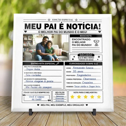 arte para azulejo dia dos pais com foto meu pai é notícia em layout de jornal com manchete, entrevista e curiosidades personalizáveis