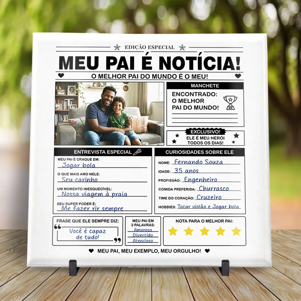 arte para azulejo dia dos pais com foto meu pai é notícia em layout de jornal com manchete, entrevista e curiosidades personalizáveis