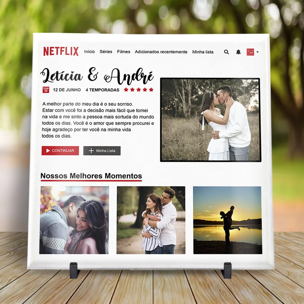 arte para azulejo namorados netflix com foto com espaços para nomes, mensagem romântica e fotos do casal