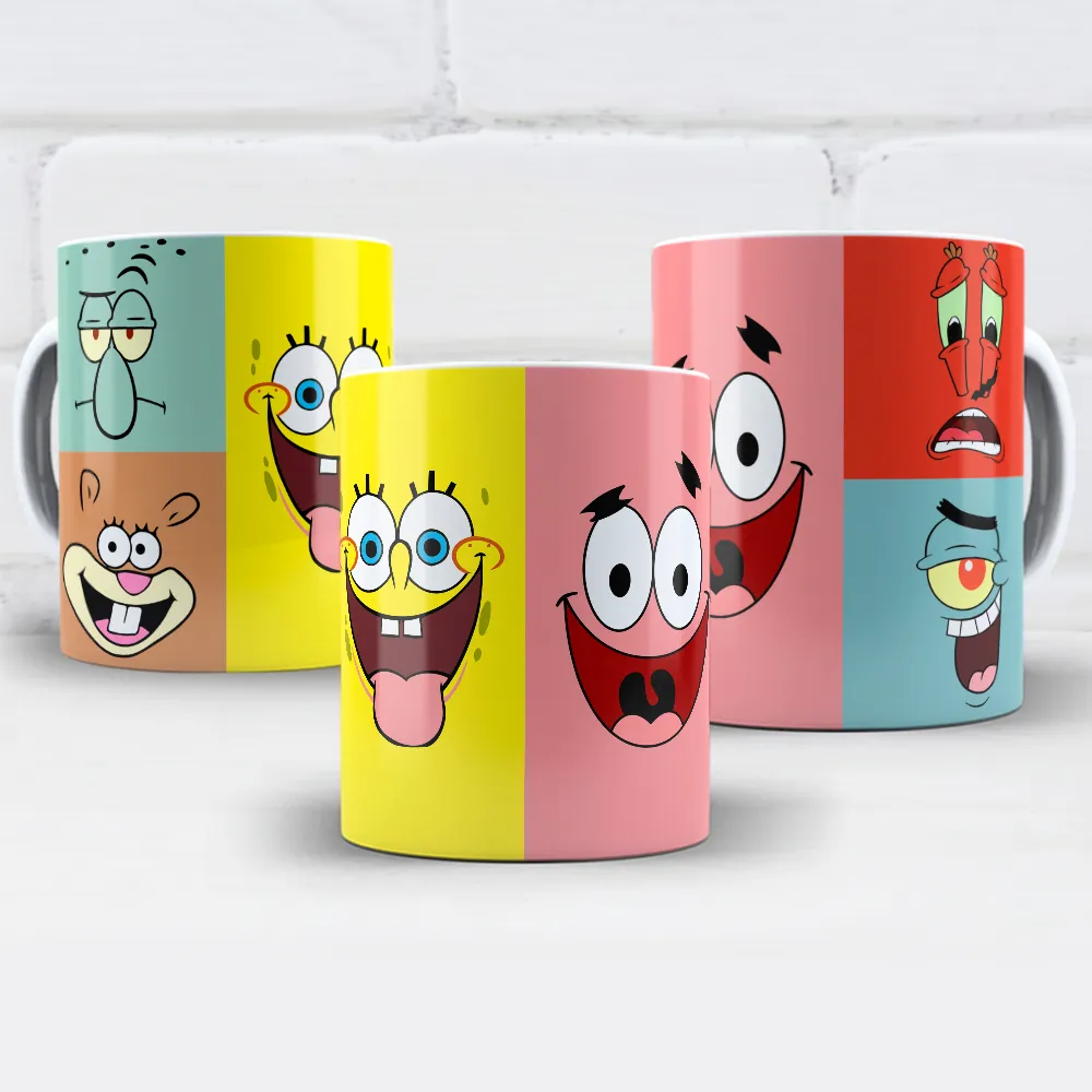arte para caneca bob esponja e personagens com rostos expressivos em blocos coloridos em estilo vibrante e bem-humorado