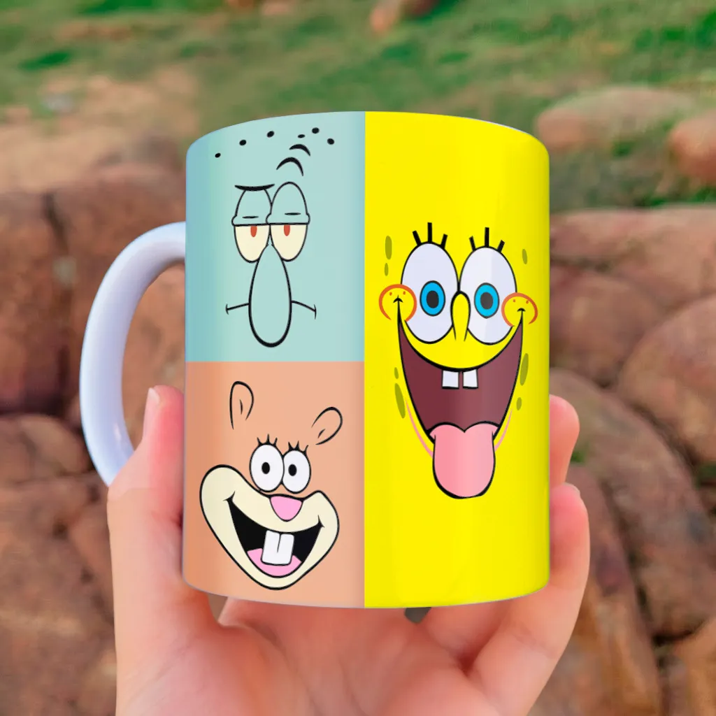 arte para caneca bob esponja e personagens com rostos expressivos em blocos coloridos em estilo vibrante e bem-humorado