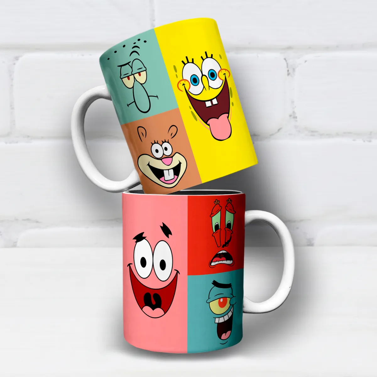 arte para caneca bob esponja e personagens com rostos expressivos em blocos coloridos em estilo vibrante e bem-humorado