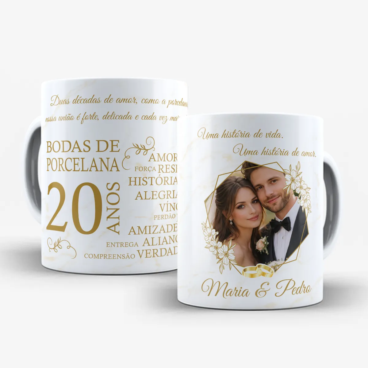 arte para caneca bodas de porcelana 20 anos de casados com detalhes dourados, frases comemorativas e espaço para foto e nomes