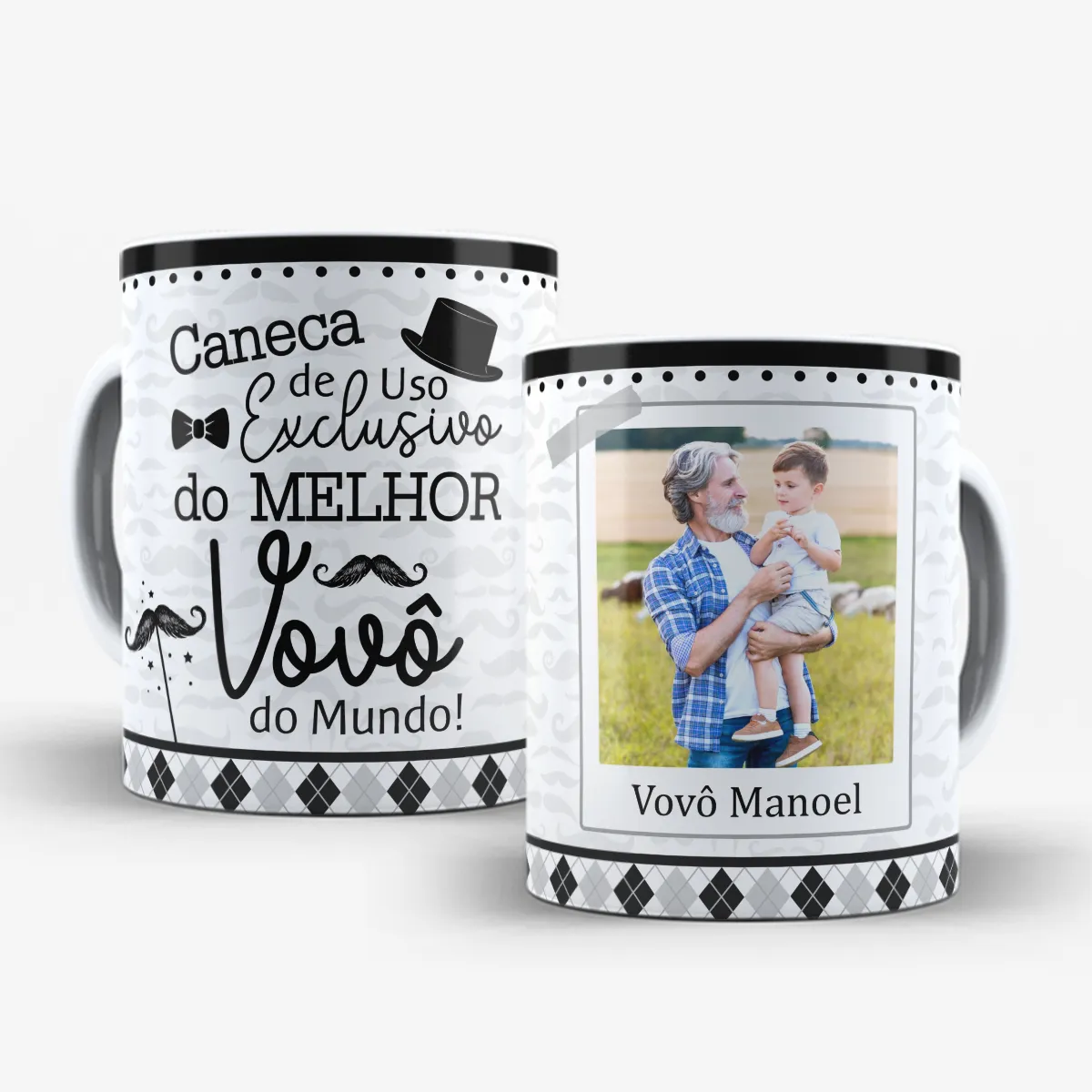 arte para caneca de uso exclusivo do melhor vovô do mundo com chapéu, gravata borboleta, bigodes e espaço para foto e nome