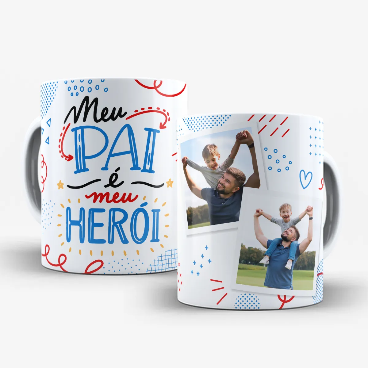 arte para caneca dia dos pais com foto meu pai é meu herói, frase "Meu Pai é Meu Herói" e duas molduras para personalização com fotos