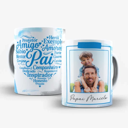 arte para caneca dia dos pais com foto pai atributos em tons de azul, palavra Pai ao centro cercada por qualidades em formato de coração e espaço para nome e foto