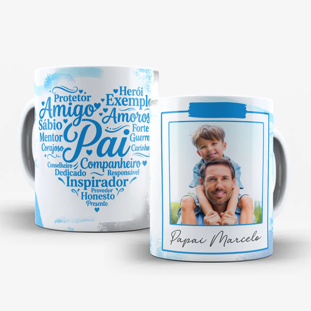 arte para caneca dia dos pais com foto pai atributos em tons de azul, palavra Pai ao centro cercada por qualidades em formato de coração e espaço para nome e foto