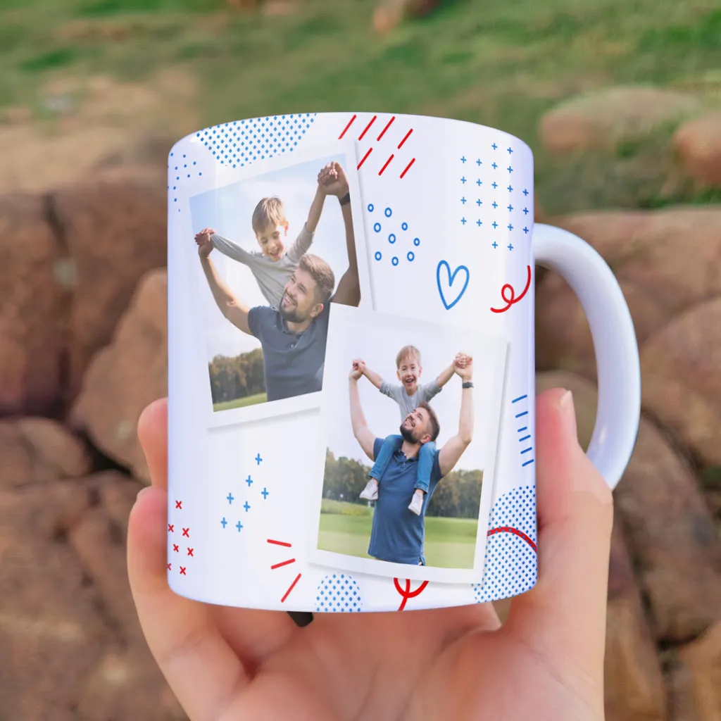 arte para caneca dia dos pais com foto meu pai é meu herói com duas molduras para personalização com fotos