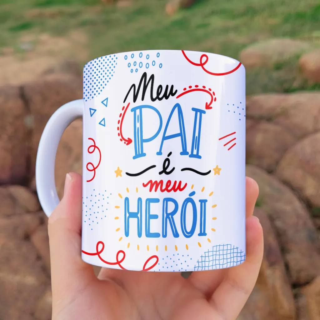arte para caneca dia dos pais com foto meu pai é meu herói, frase "Meu Pai é Meu Herói"