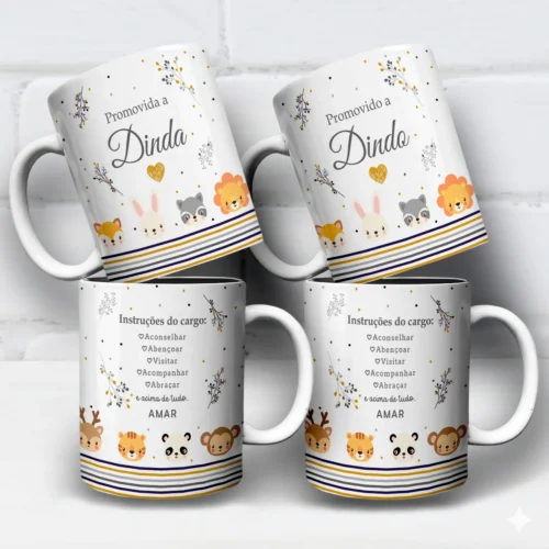 arte para caneca dindo e dinda safari bichinhos com leão, panda e outros animais fofos, frases de instruções do cargo para padrinhos de batismo