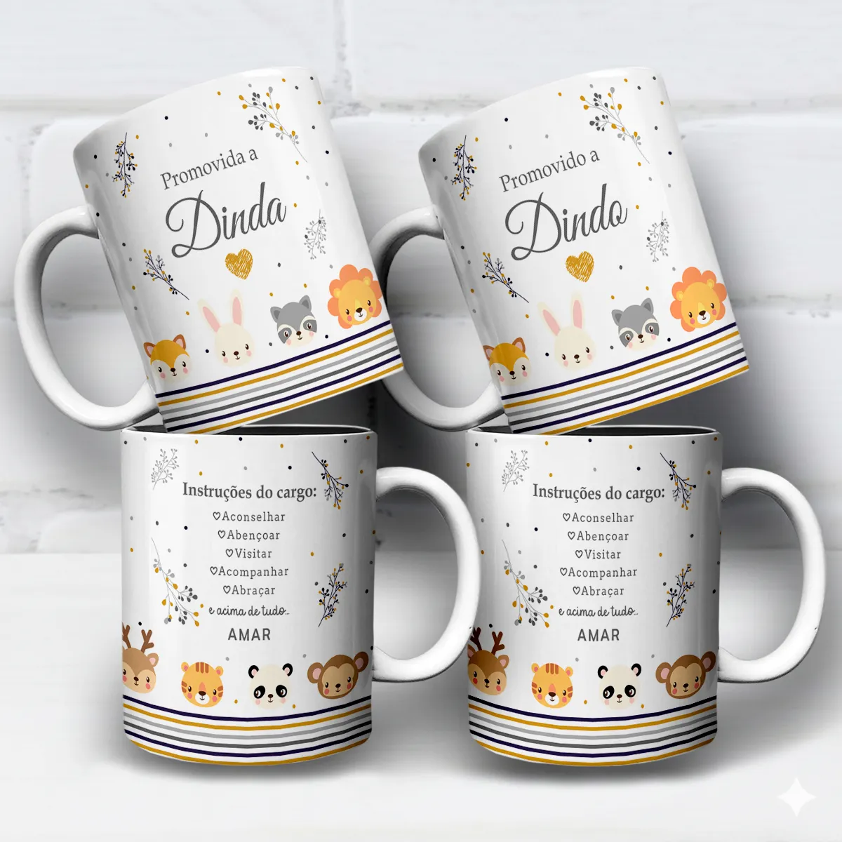 arte para caneca dindo e dinda safari bichinhos com leão, panda e outros animais fofos, frases de instruções do cargo para padrinhos de batismo
