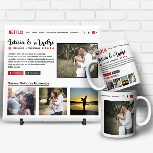 arte para caneca e azulejo namorados netflix com foto com espaços para nomes, mensagem romântica e fotos do casal