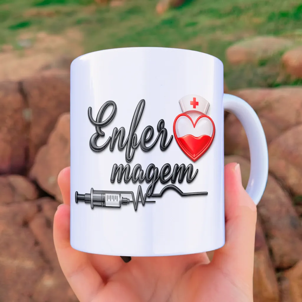 arte para caneca enfermagem jaleco 3D com palavra Enfermagem em 3D versão rosa para enfermeira