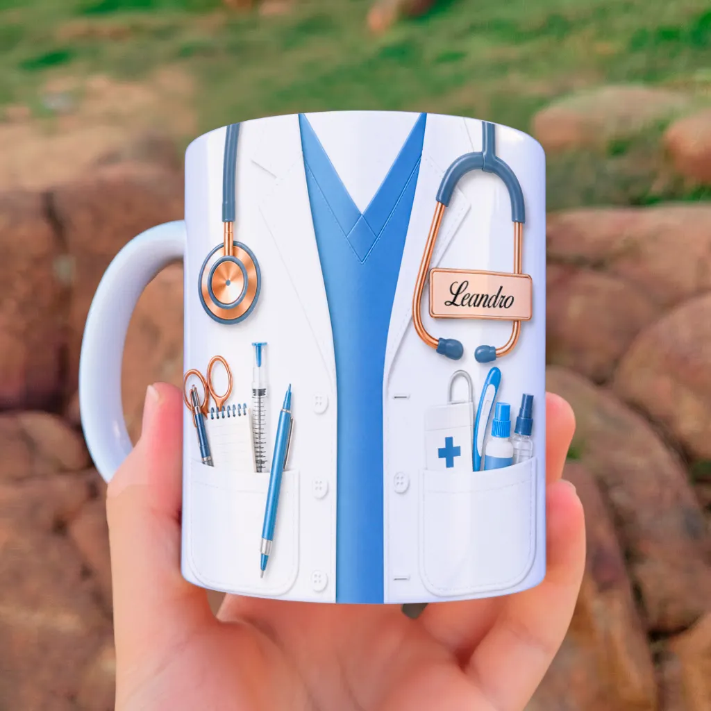 arte para caneca enfermagem jaleco 3D com palavra Enfermagem em 3D, espaço para personalização com nome, coração estilizado e acessórios da profissão, versão azul