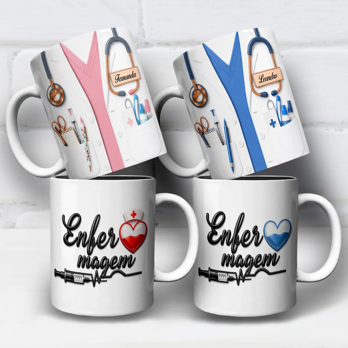 arte para caneca enfermagem jaleco 3D com palavra Enfermagem em 3D, espaço para personalização com nome, coração estilizado e acessórios da profissão, versões rosa e azul