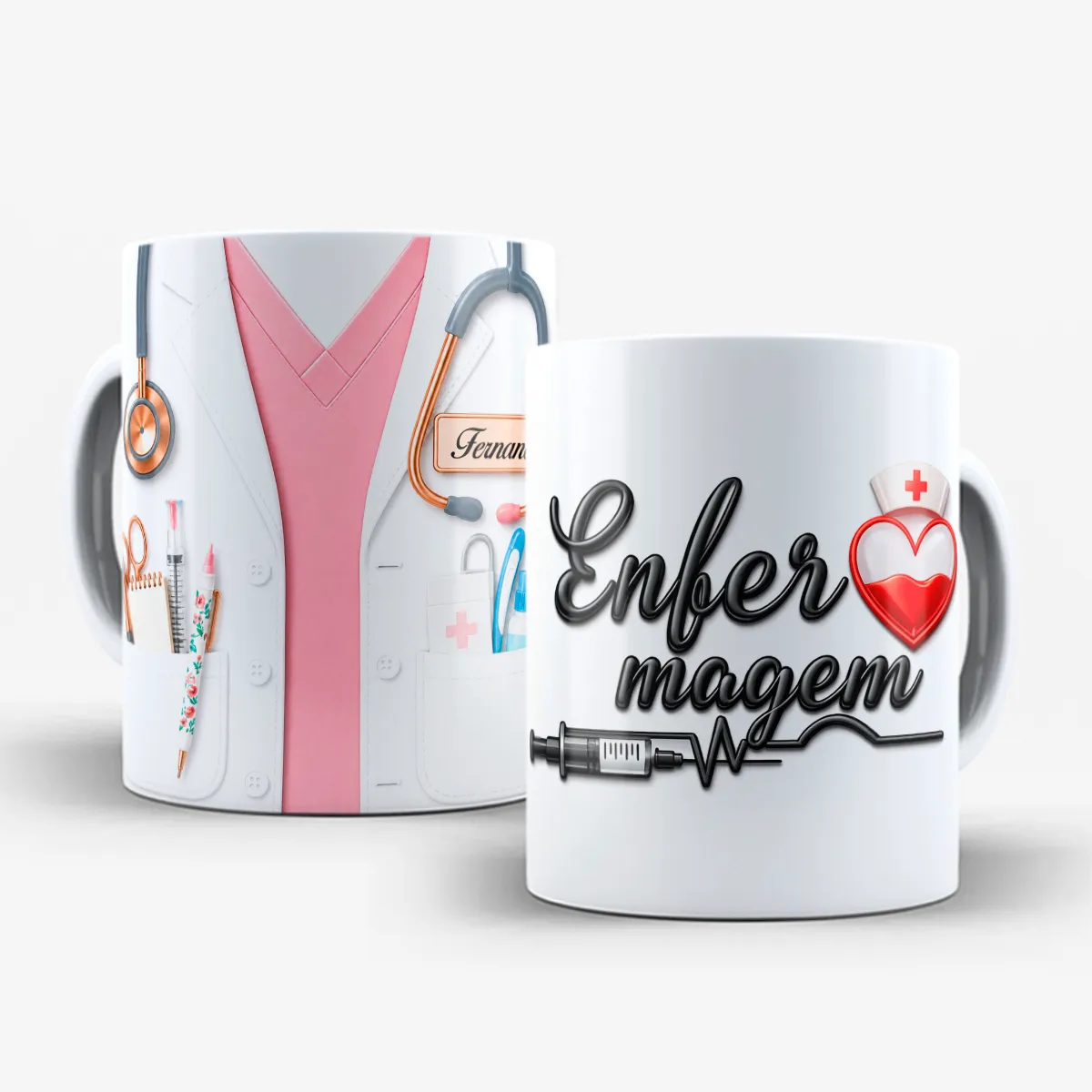 arte para caneca enfermagem jaleco 3D com palavra Enfermagem em 3D, espaço para personalização com nome, coração estilizado e acessórios da profissão, versão rosa