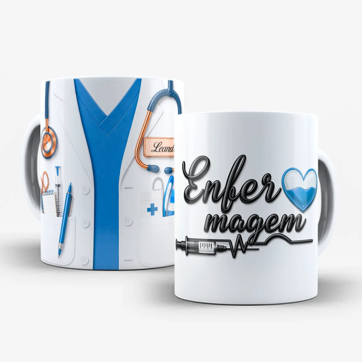 arte para caneca enfermagem jaleco 3D com palavra Enfermagem em 3D, espaço para personalização com nome, coração estilizado e acessórios da profissão, versão azul