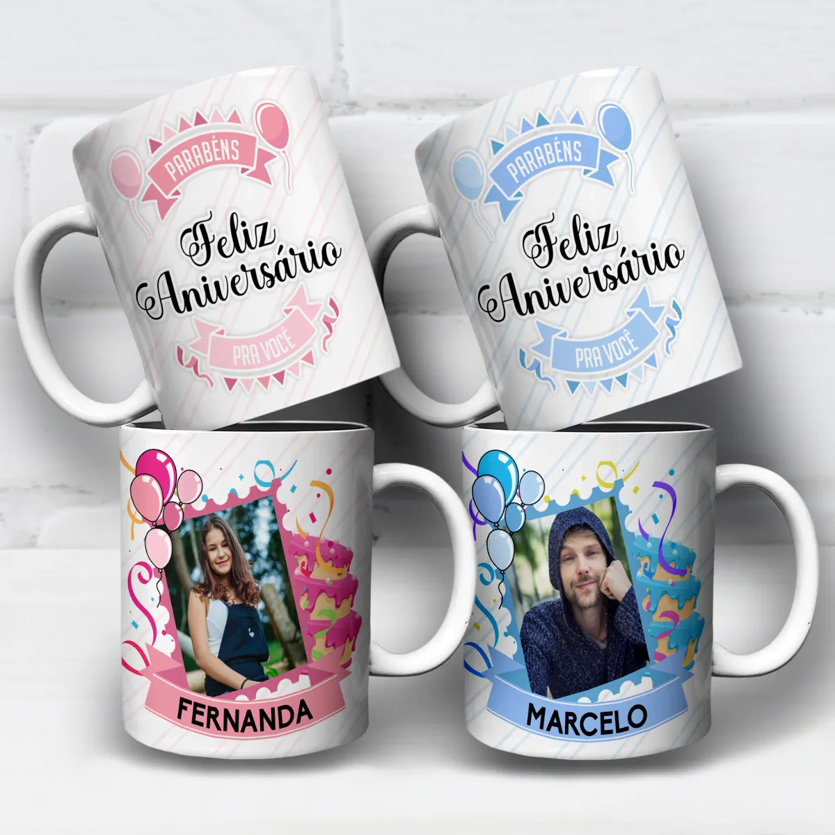 arte para caneca feliz aniversário com foto em duas versões rosa e azul com balões e fitas festivas e espaço para nome