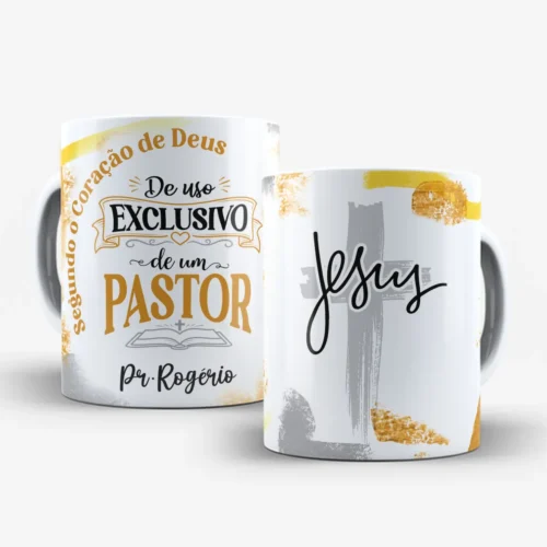 arte para caneca pastor com nome uso exclusivo com a frase "De uso exclusivo de um pastor segundo o coração de Deus", espaço para personalização de nome e fundo em tons dourados e cinza