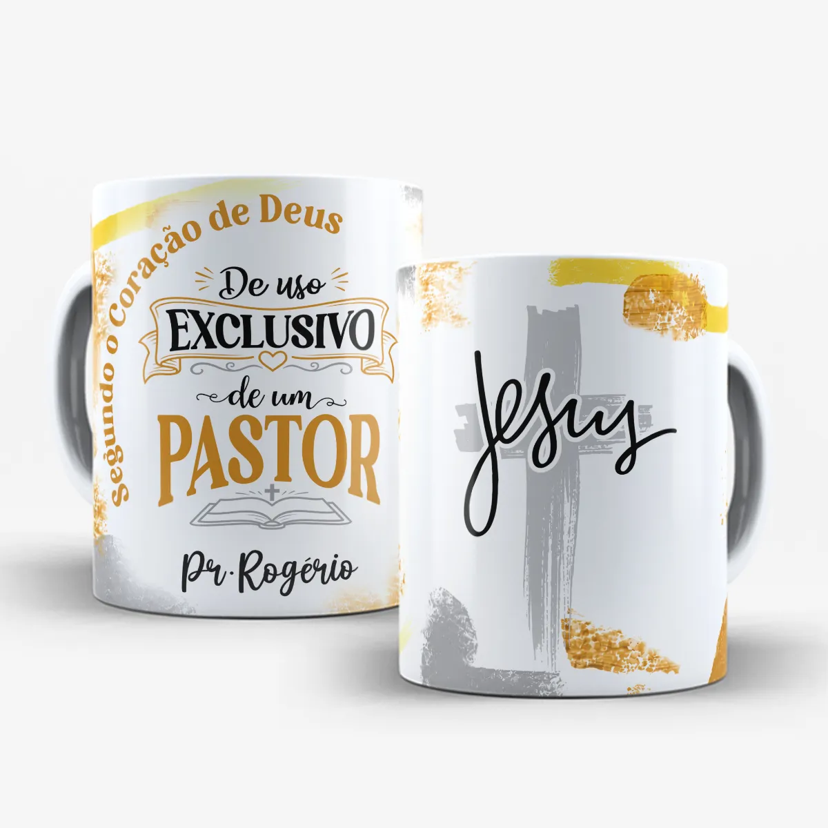 arte para caneca pastor com nome uso exclusivo com a frase "De uso exclusivo de um pastor segundo o coração de Deus", espaço para personalização de nome e fundo em tons dourados e cinza