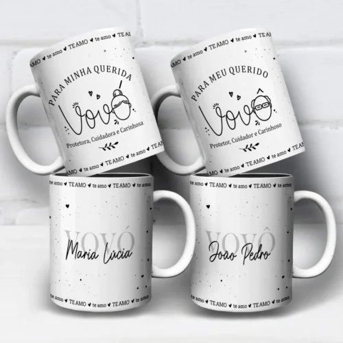 arte para caneca vovó e vovô te amo com nome, decorada com corações, pontinhos e as frases "para minha querida vovó" e "para meu querido vovô"