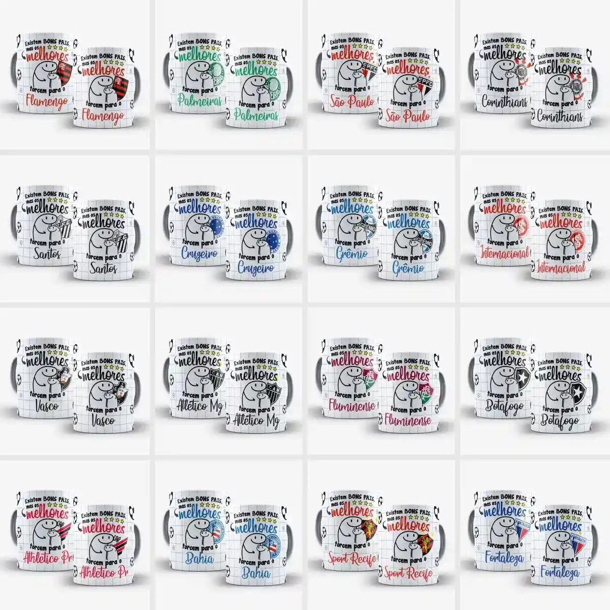 arte para caneca dia dos pais flork time de futebol, personagens de pai e filho abraçados com a frase "Existem BONS PAIS, mas os melhores torcem para o" seguida do nome e escudo do time de coração