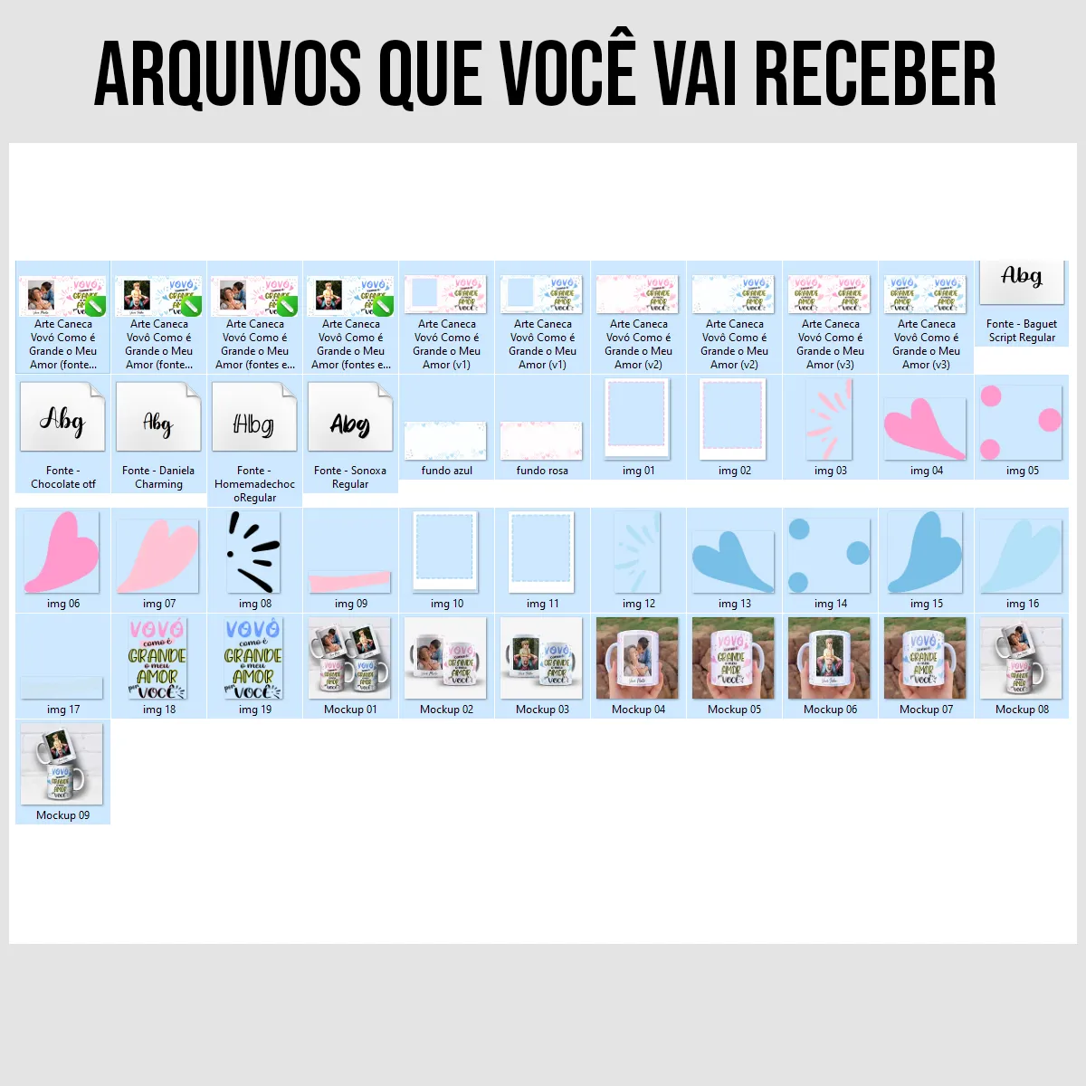 arquivos da arte para caneca vovó e vovô como é grande o meu amor por você, com corações suaves e espaço para foto e nome personalizados