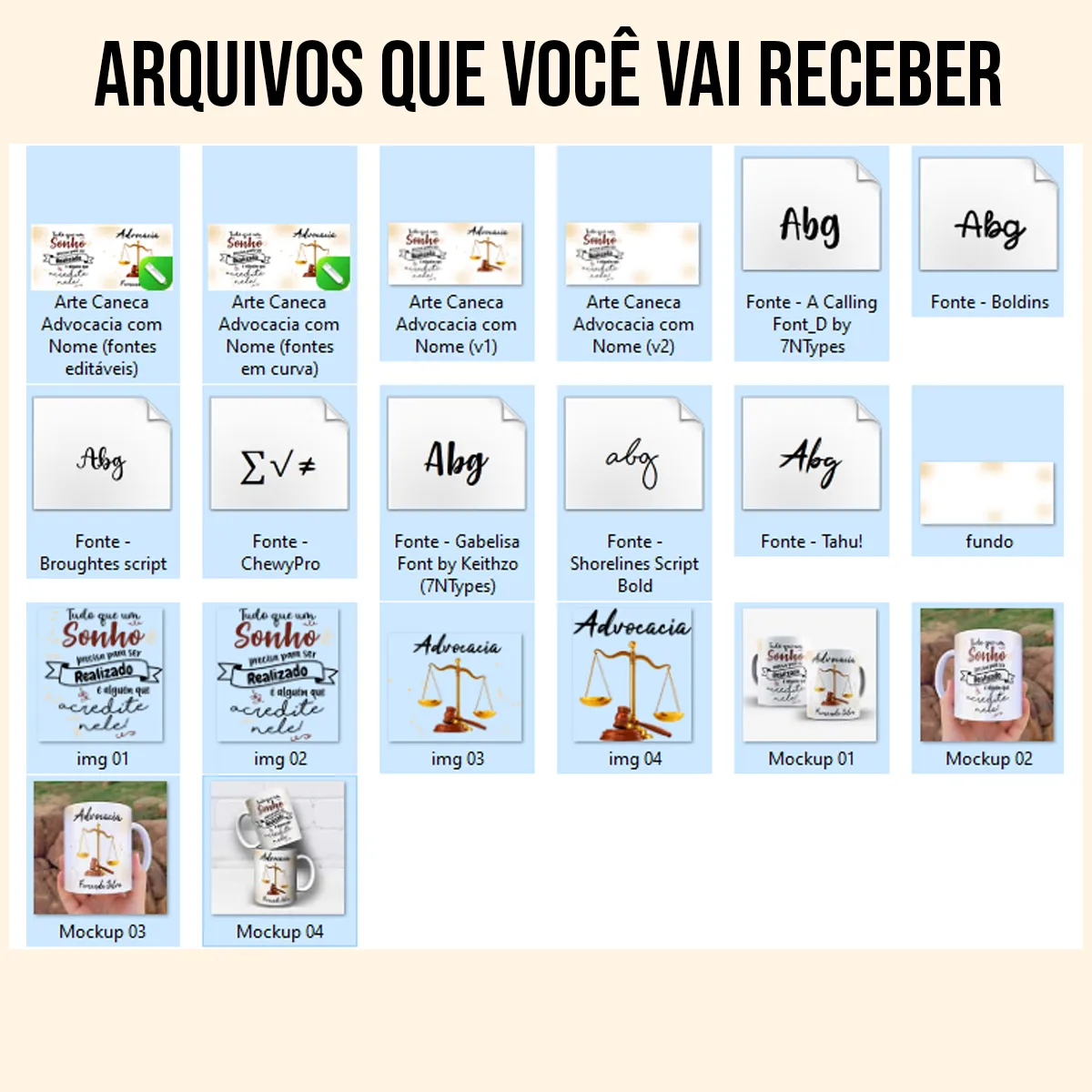 arquivos da arte para caneca advocacia advogada: balança da justiça, martelo, título "Advocacia" e espaço para nome personalizado
