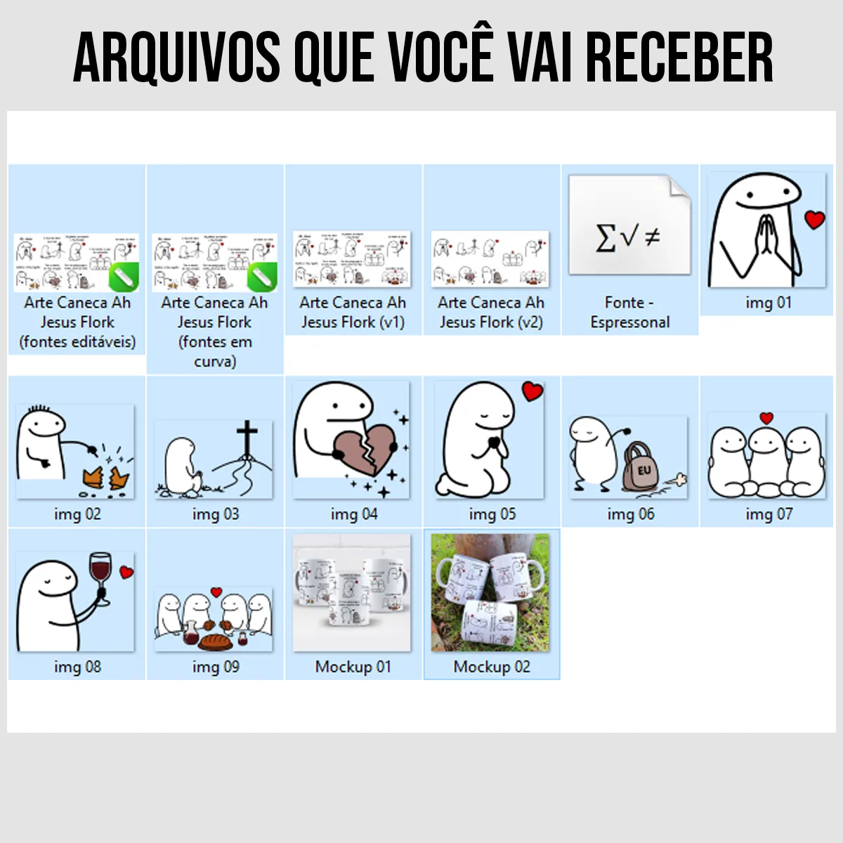 arquivos da arte para caneca Ah Jesus Flork com personagens em cena de oração, trazendo frases da música e mensagem de comunhão com Deus