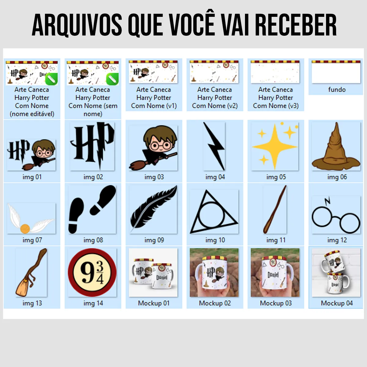 arquivos da arte para caneca Harry Potter cute com nome, Harry voando na vassoura, símbolo 9¾ e espaço para personalização do nome