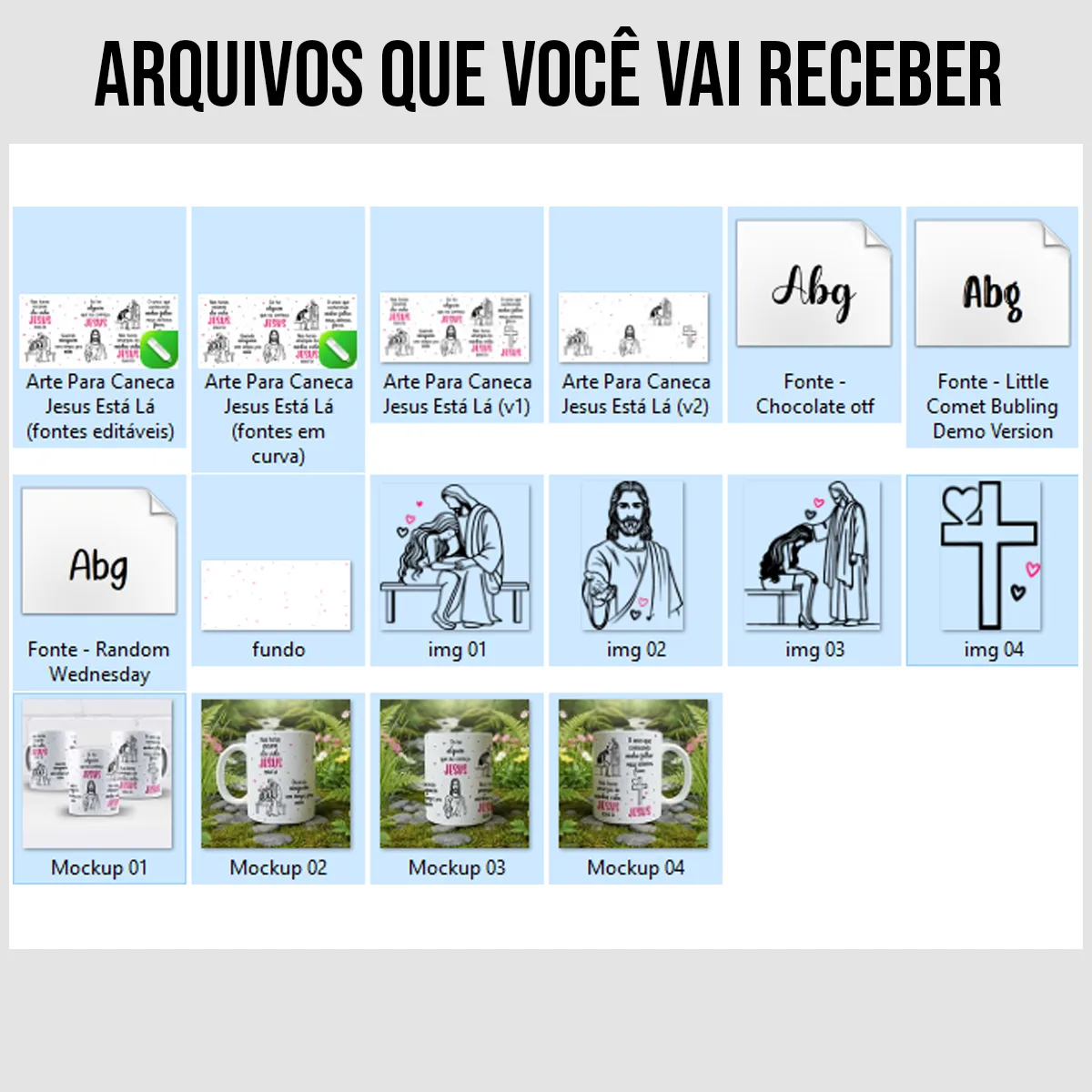 arquivos da arte para caneca Jesus está lá nas horas mais escuras da vida, com ilustração de Jesus acolhendo uma moça triste, cruz com coração e detalhes em preto e rosa