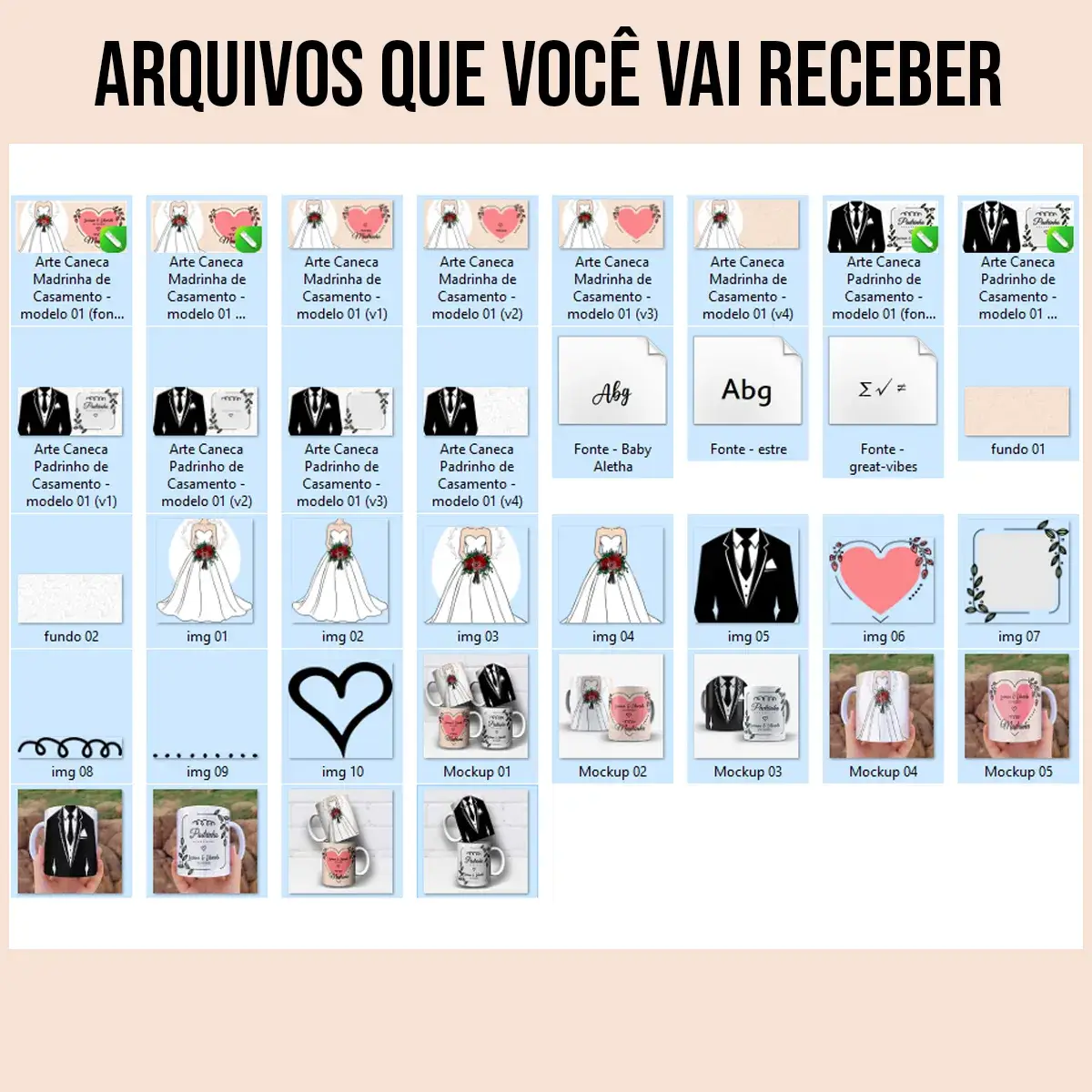 arquivos da arte para caneca madrinha e padrinho de casamento com noiva de buquê e noivo de traje social, com nomes do casal e data personalizáveis